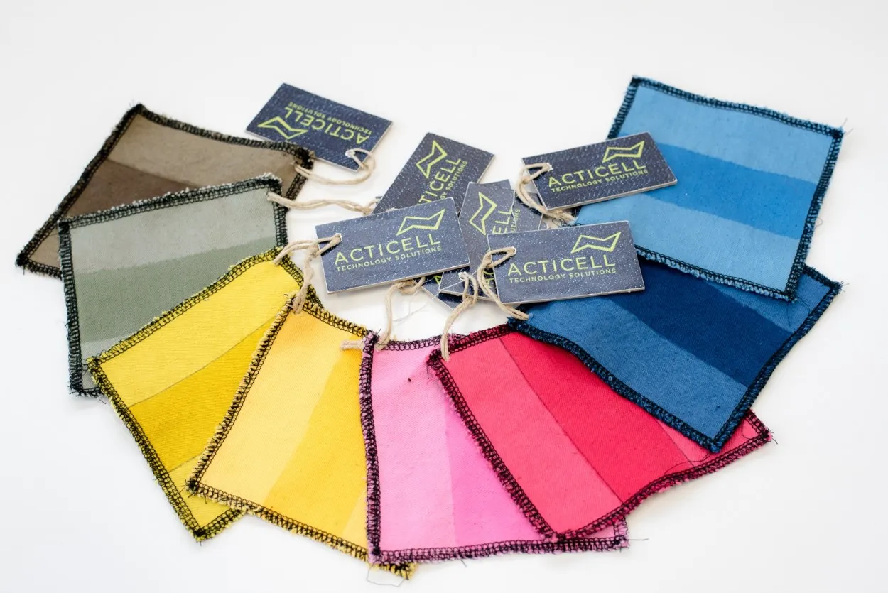 Fabric swatches in yellow, pink, blue, green and grey, each with an Acticell tag